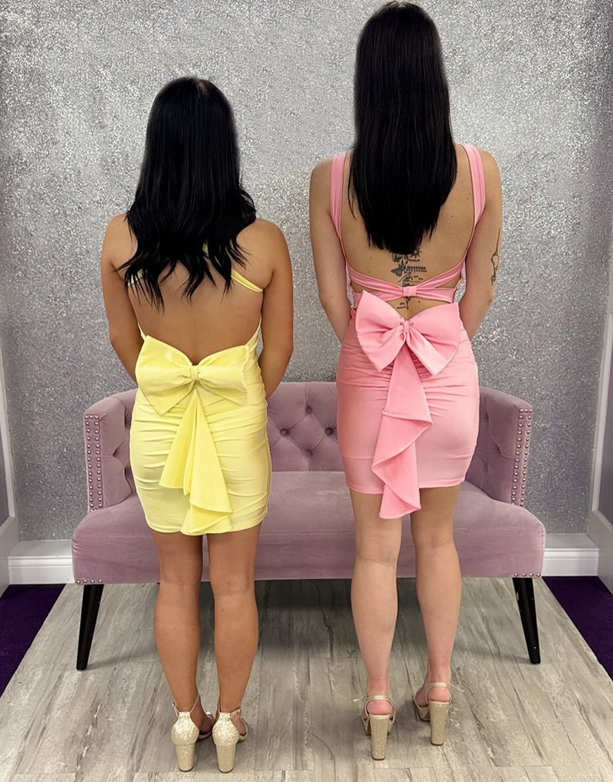Yellow Satin Thick Straps Bodycon Short Homecoming Dress with Bow
