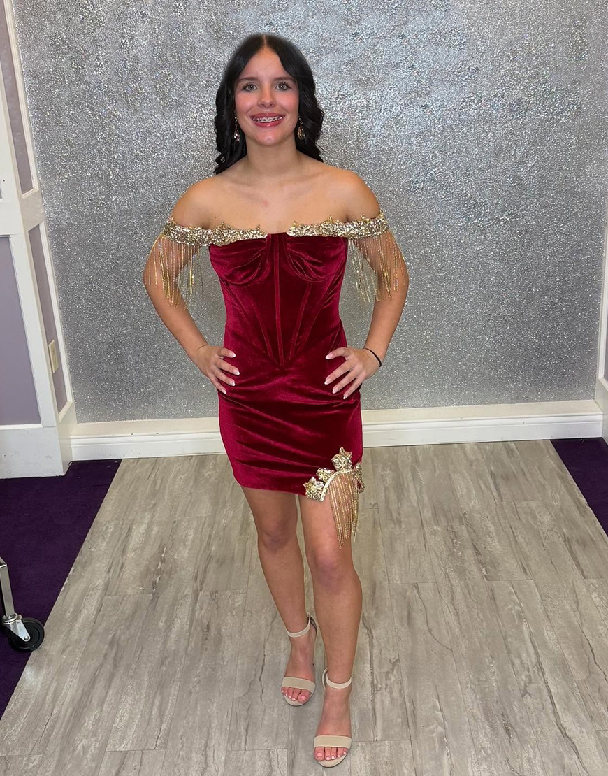 Dark Red Off the Shoulder Velvet Bodycon Short Corset Homecoming Dress with Fringes