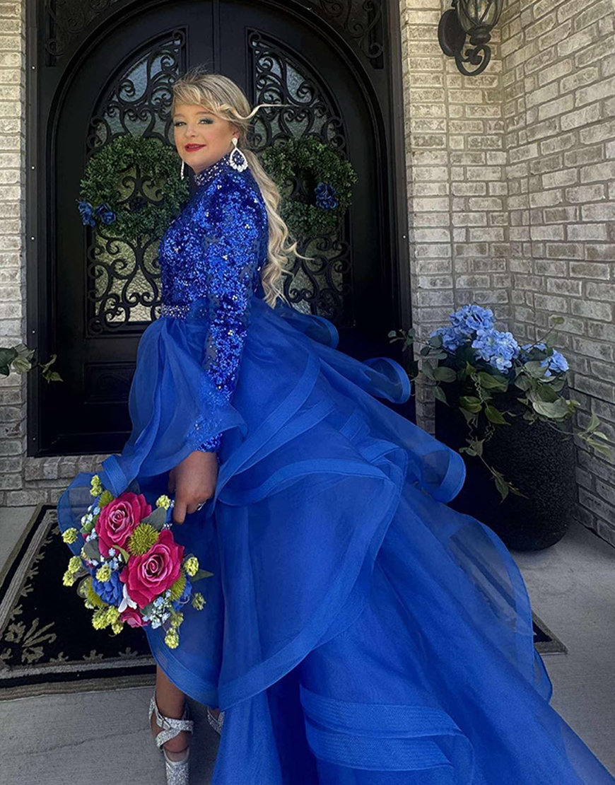 Sparkly Royal Blue Sequin Long Sleeves Homecoming Dress with Waist Cape