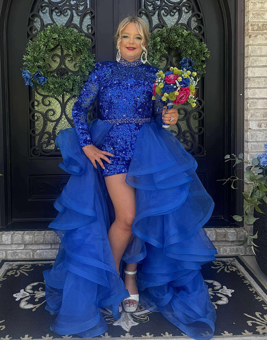 Berlinnova Women Sparkly Royal Blue Sequin Homecoming Dress with Waist Cape A Line High Neck Pageant Dress with Sleeves