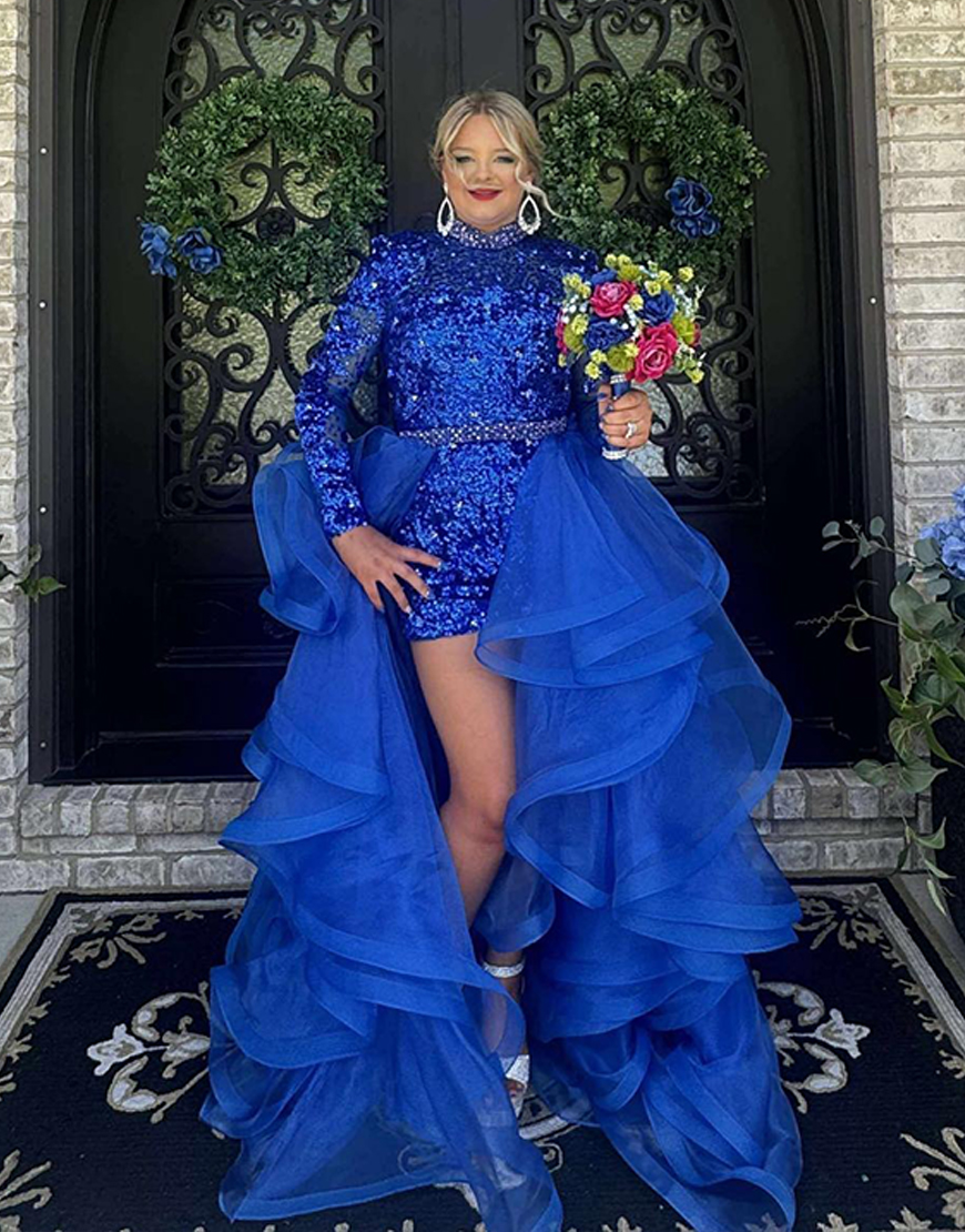 Sparkly Royal Blue Sequin Long Sleeves Homecoming Dress with Waist Cape
