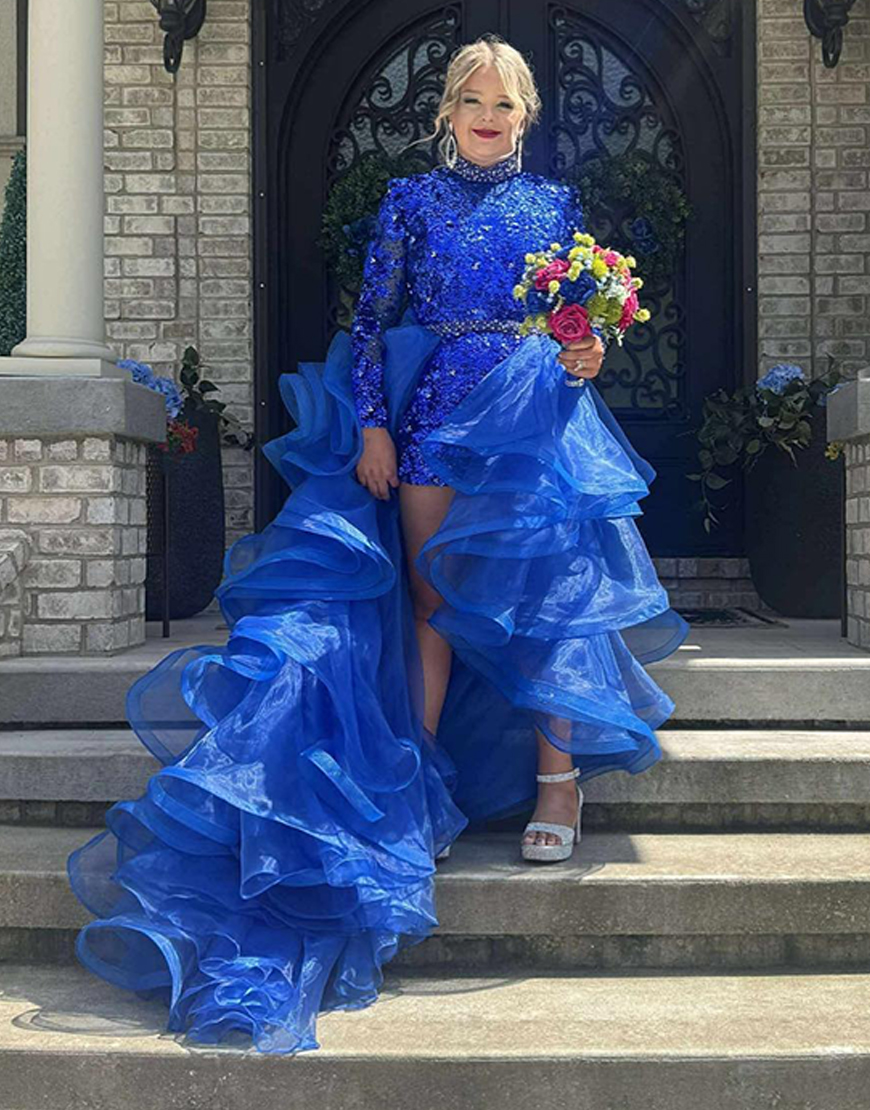 Sparkly Royal Blue Sequin Long Sleeves Homecoming Dress with Waist Cape