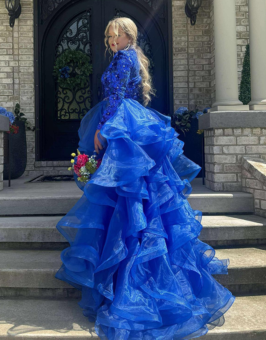 Sparkly Royal Blue Sequin Long Sleeves Homecoming Dress with Waist Cape