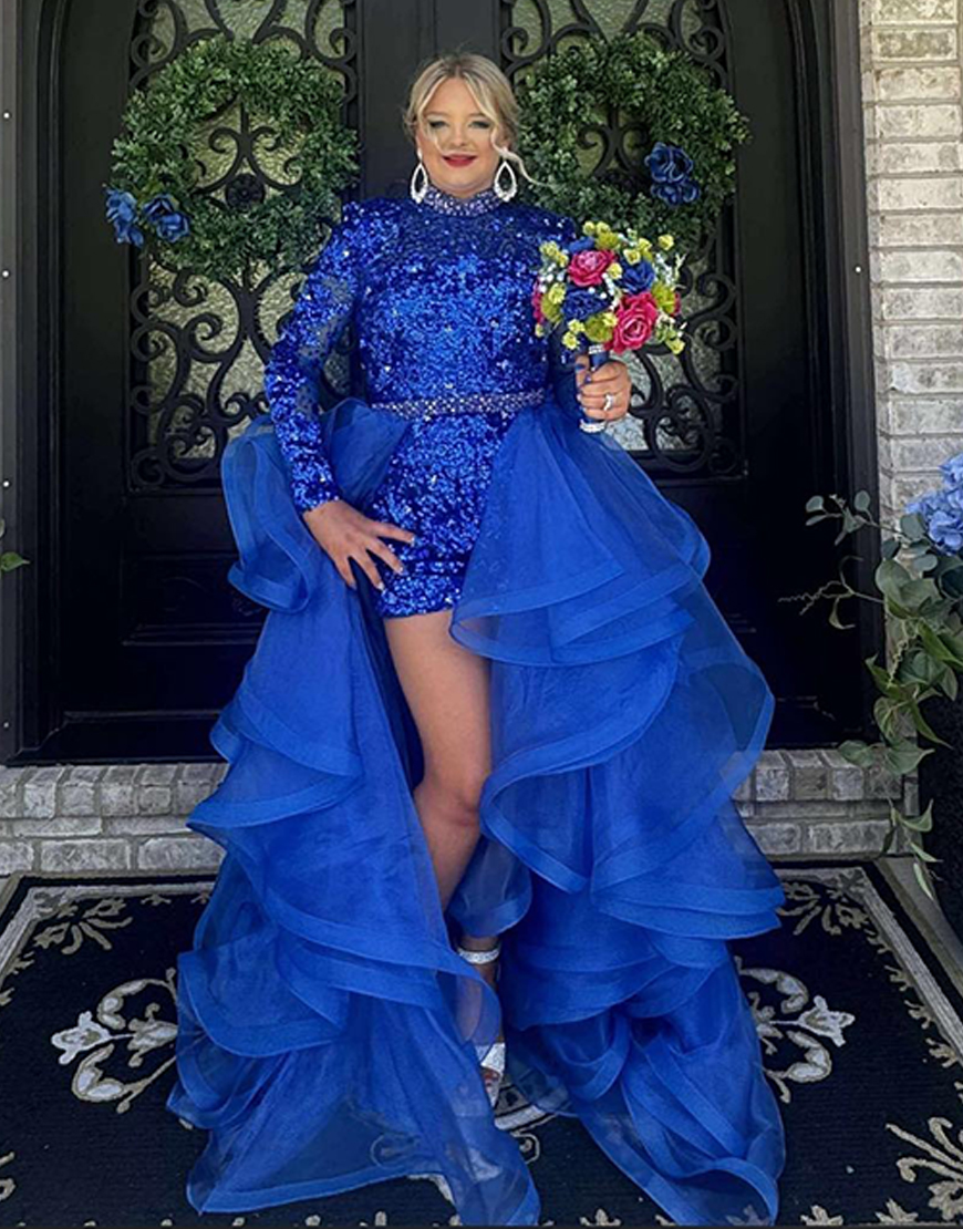 Sparkly Royal Blue Sequin Long Sleeves Homecoming Dress with Waist Cape