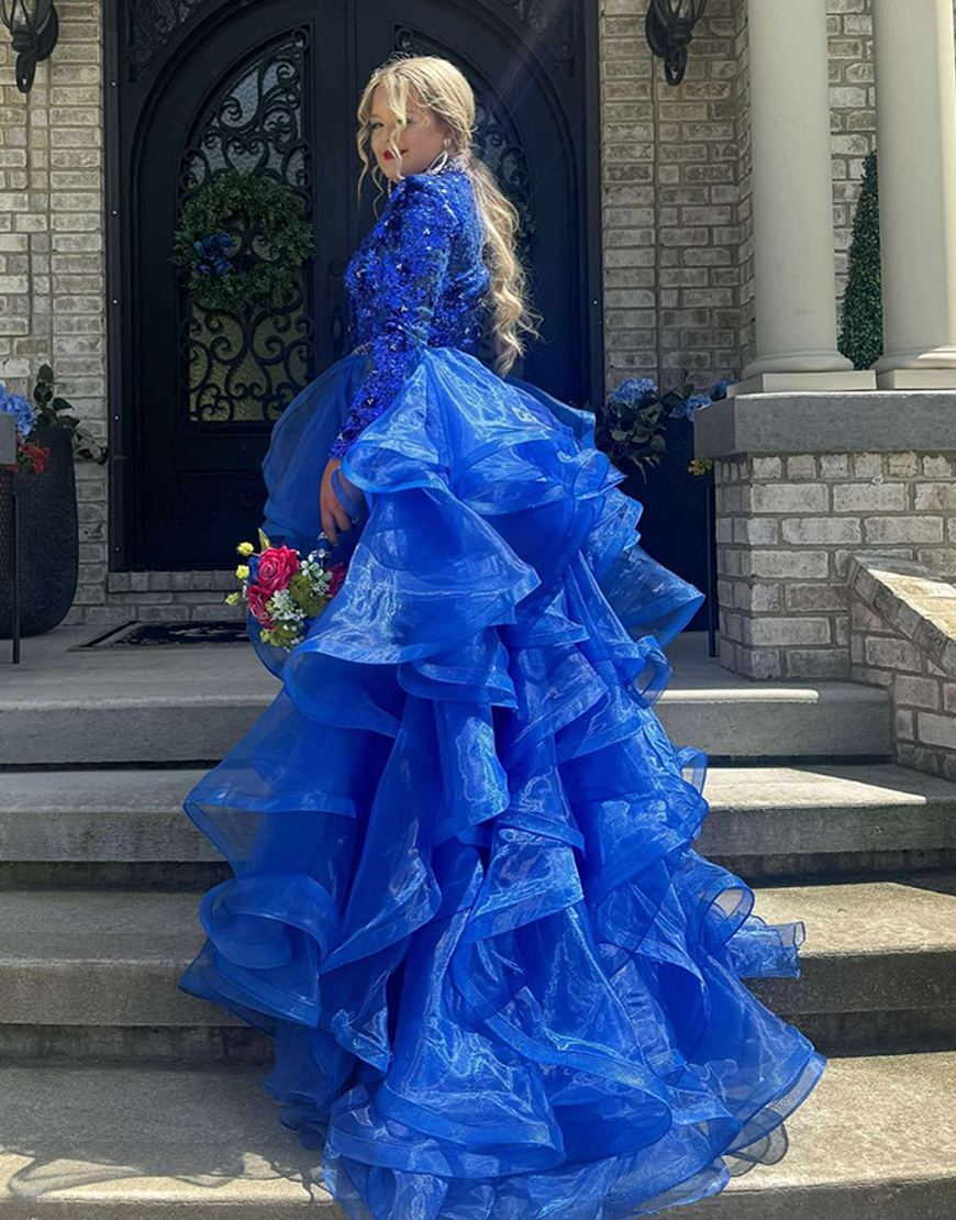 Sparkly Royal Blue Sequin Long Sleeves Homecoming Dress with Waist Cape