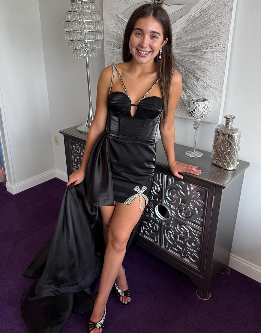 Black Satin Spaghetti Straps Tight Short Corset Homecoming Dress with Side Cape