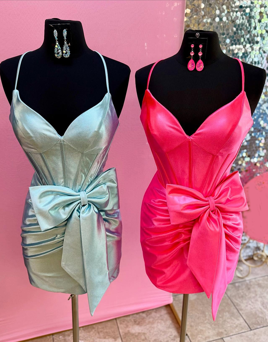 Hot Pink Satin Spaghetti Straps Ruched Bodycon Corset Homecoming Dress with Bow