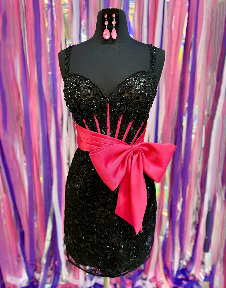 Sparkly Black Sequin Bodycon Short Corset Homecoming Dress with Bow