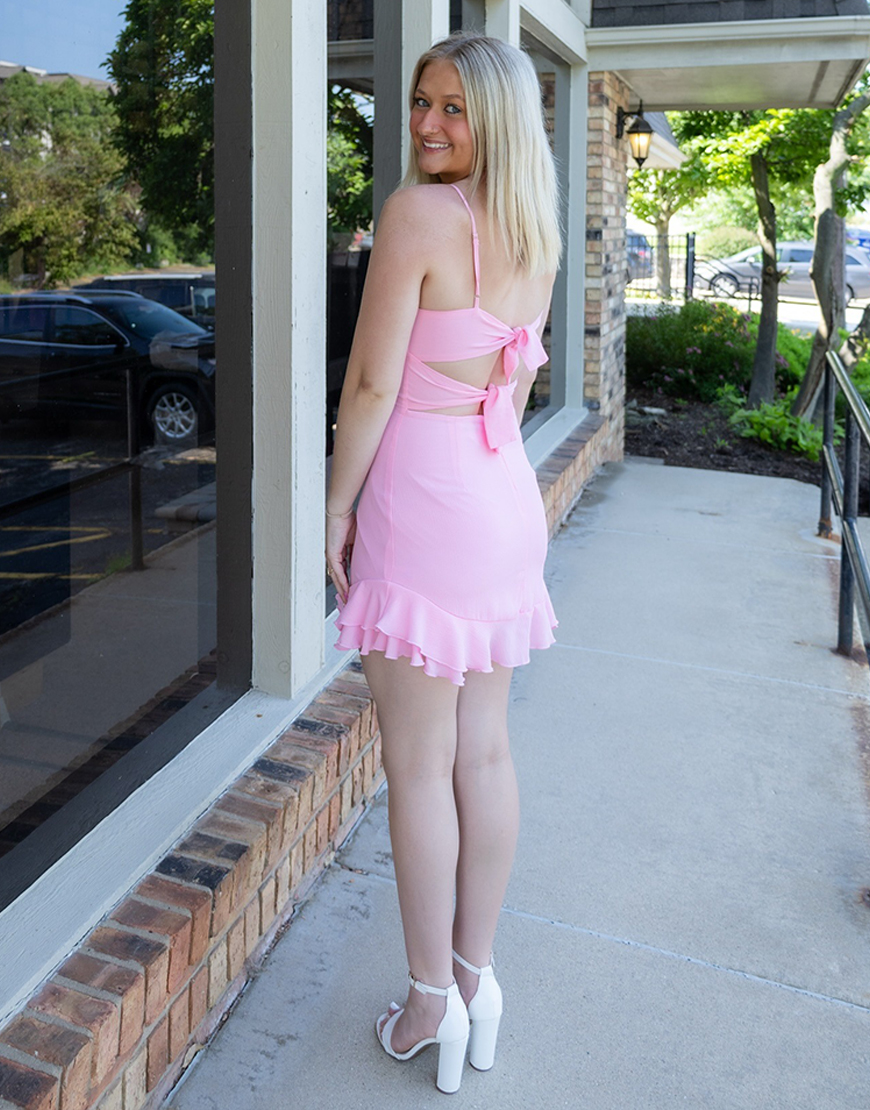 Pink Spaghetti Straps Short Tight Homecoming Dress with Ruffles