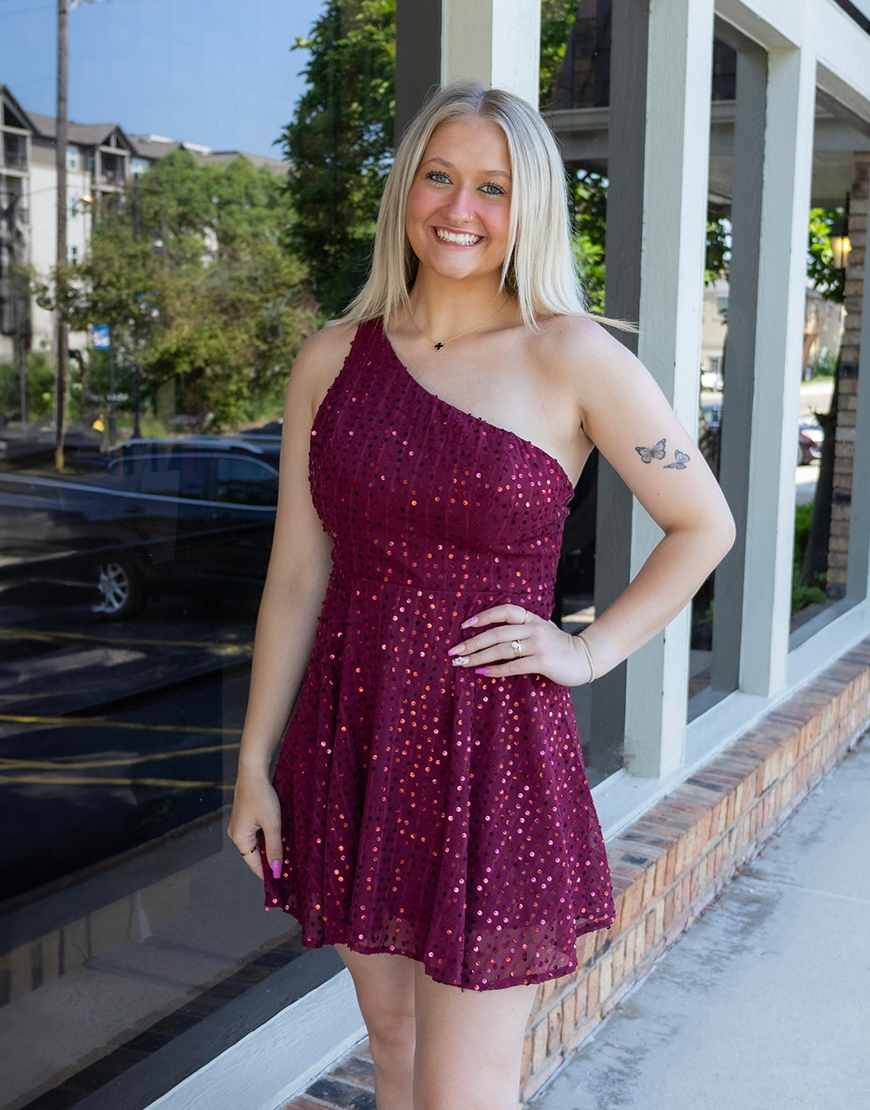 Sparkly Burgundy One Shoulder Sequin A Line Homecoming Dress
