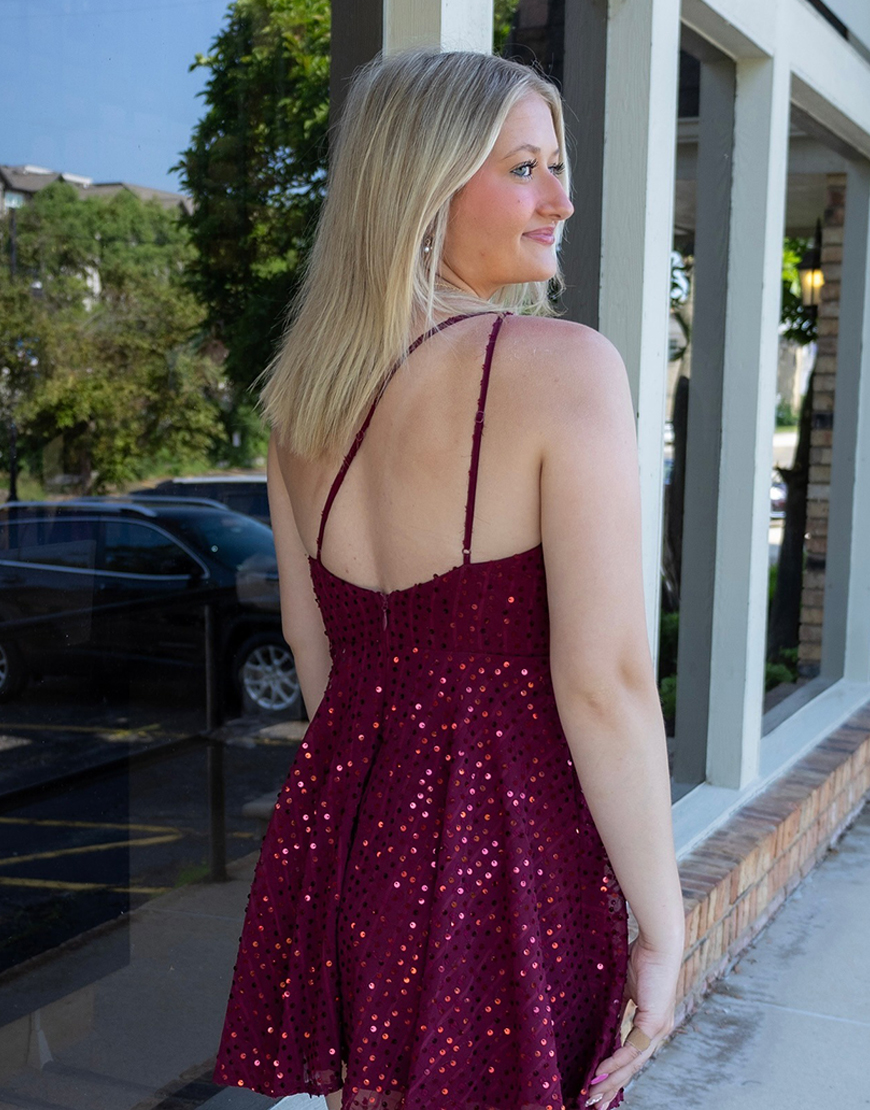 Sparkly Burgundy One Shoulder Sequin A Line Homecoming Dress