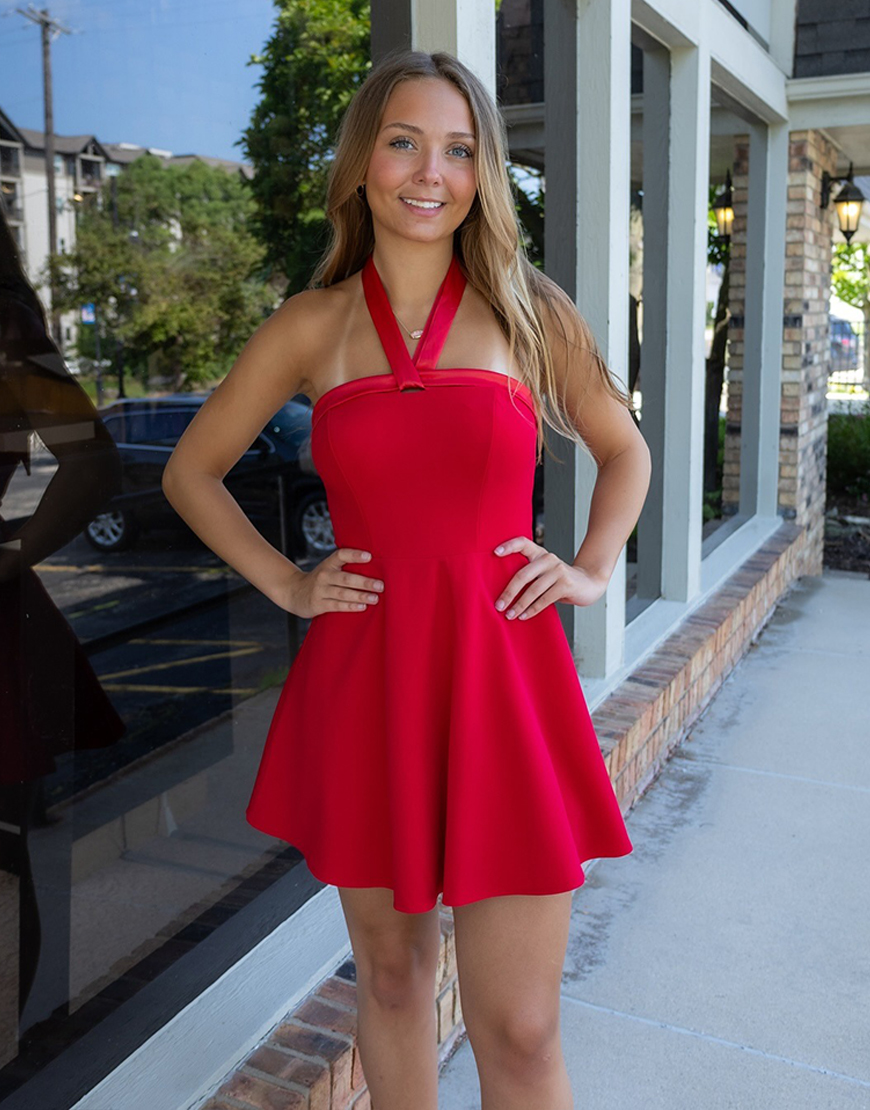 Red Satin Halter Neck A-Line Short Homecoming Dress