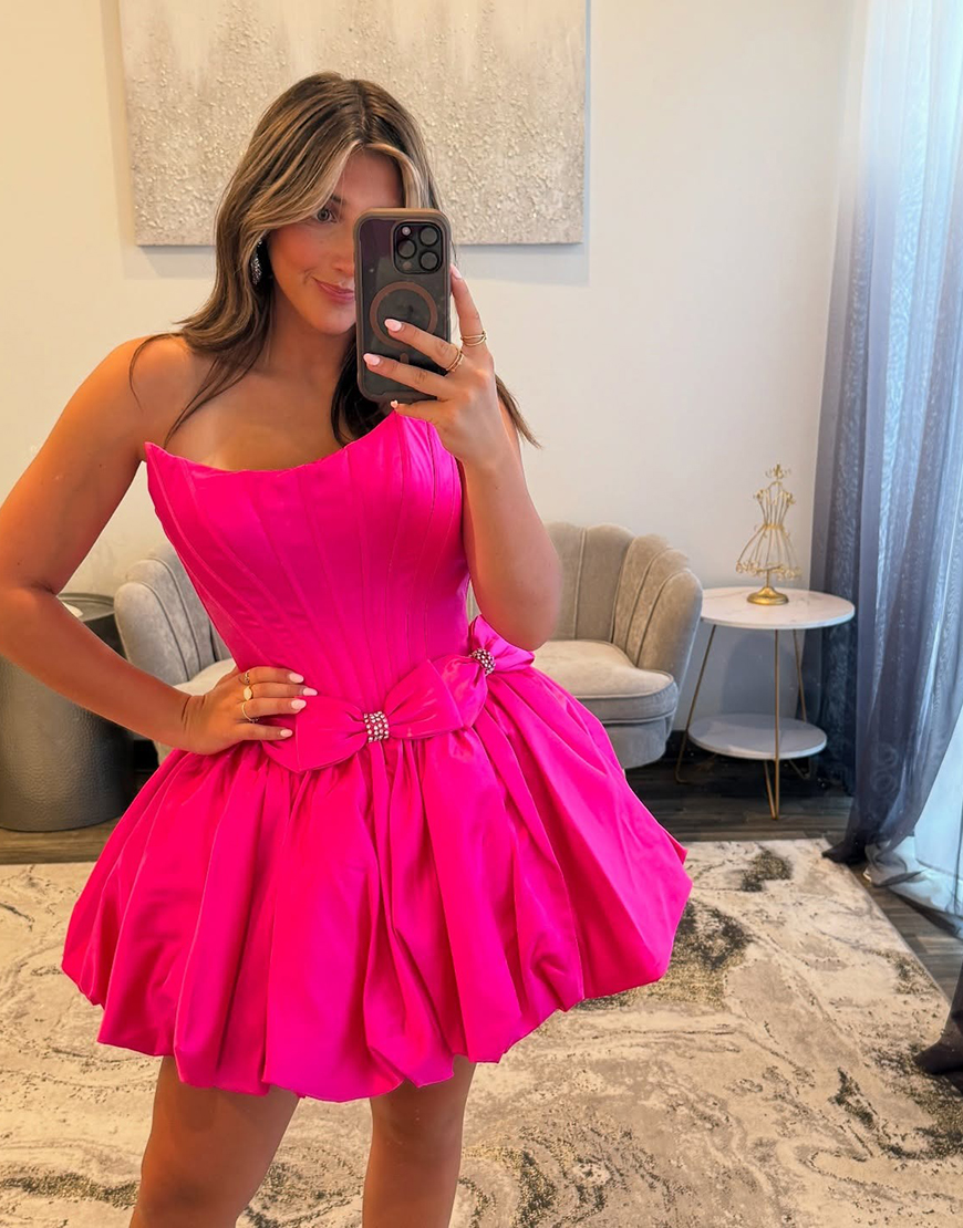 Red Satin Strapless Satin A-Line Short Corset Homecoming Dress with Bow