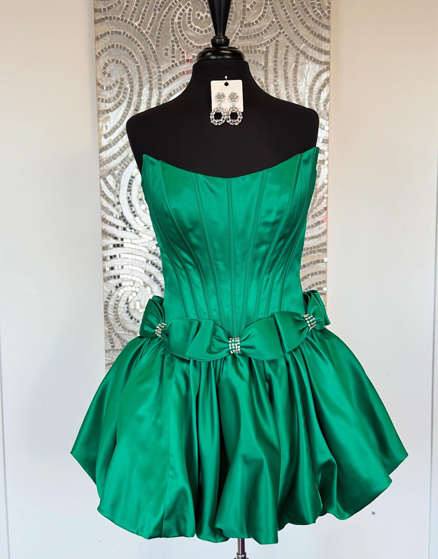 Red Satin Strapless Satin A-Line Short Corset Homecoming Dress with Bow