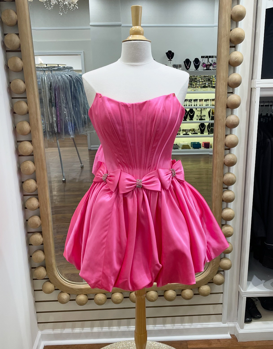 Red Satin Strapless Satin A-Line Short Corset Homecoming Dress with Bow