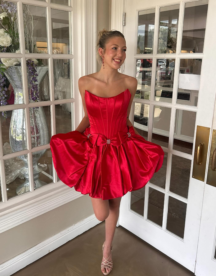 Red Satin Strapless Satin A-Line Short Corset Homecoming Dress with Bow