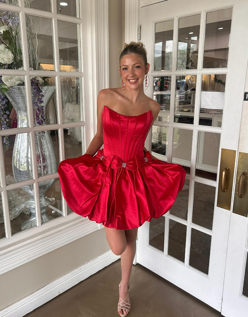 Red Satin Strapless Satin A-Line Short Corset Homecoming Dress with Bow
