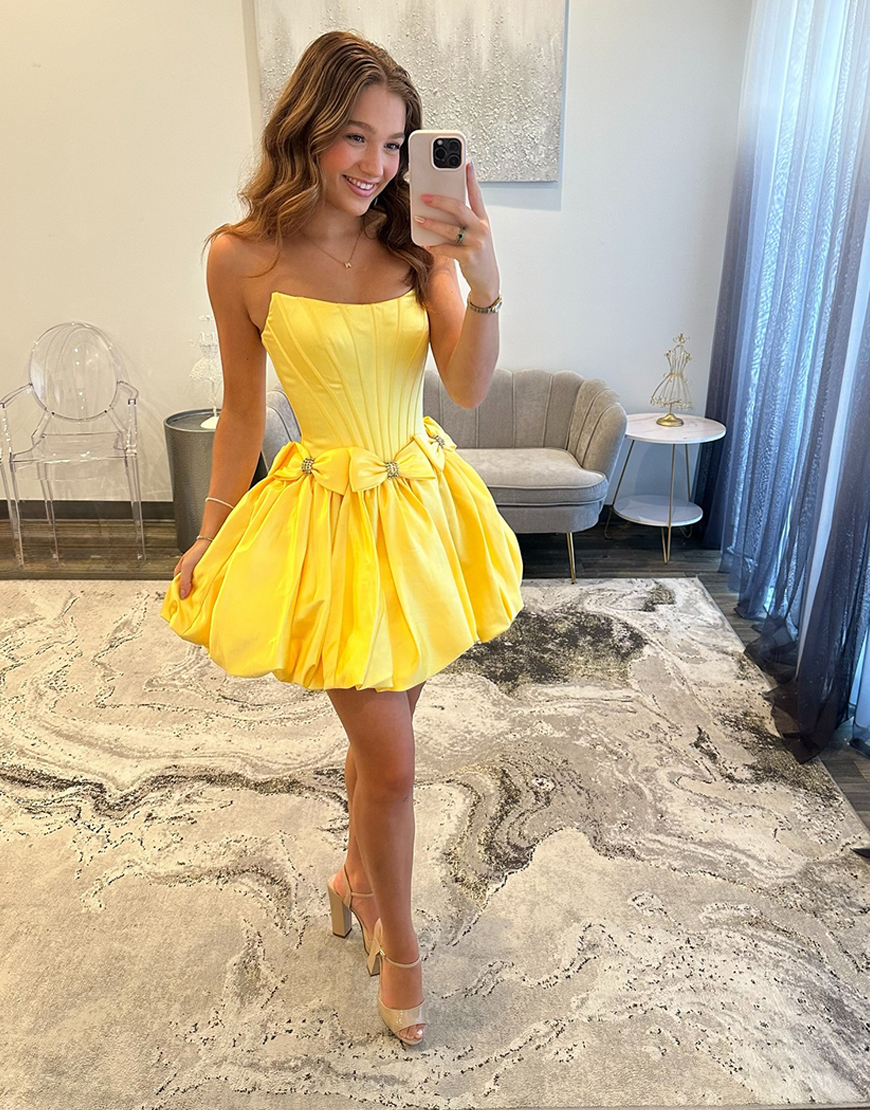 Red Satin Strapless Satin A-Line Short Corset Homecoming Dress with Bow