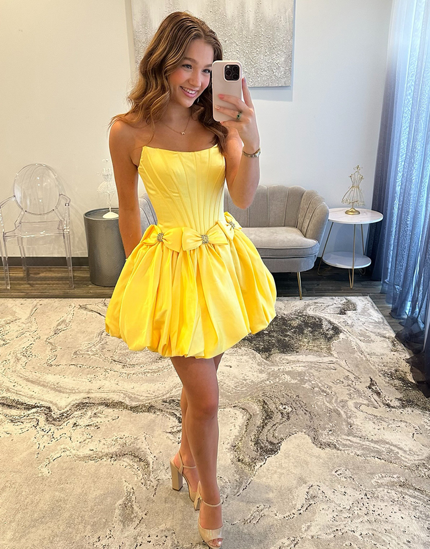 Red Satin Strapless Satin A-Line Short Corset Homecoming Dress with Bow