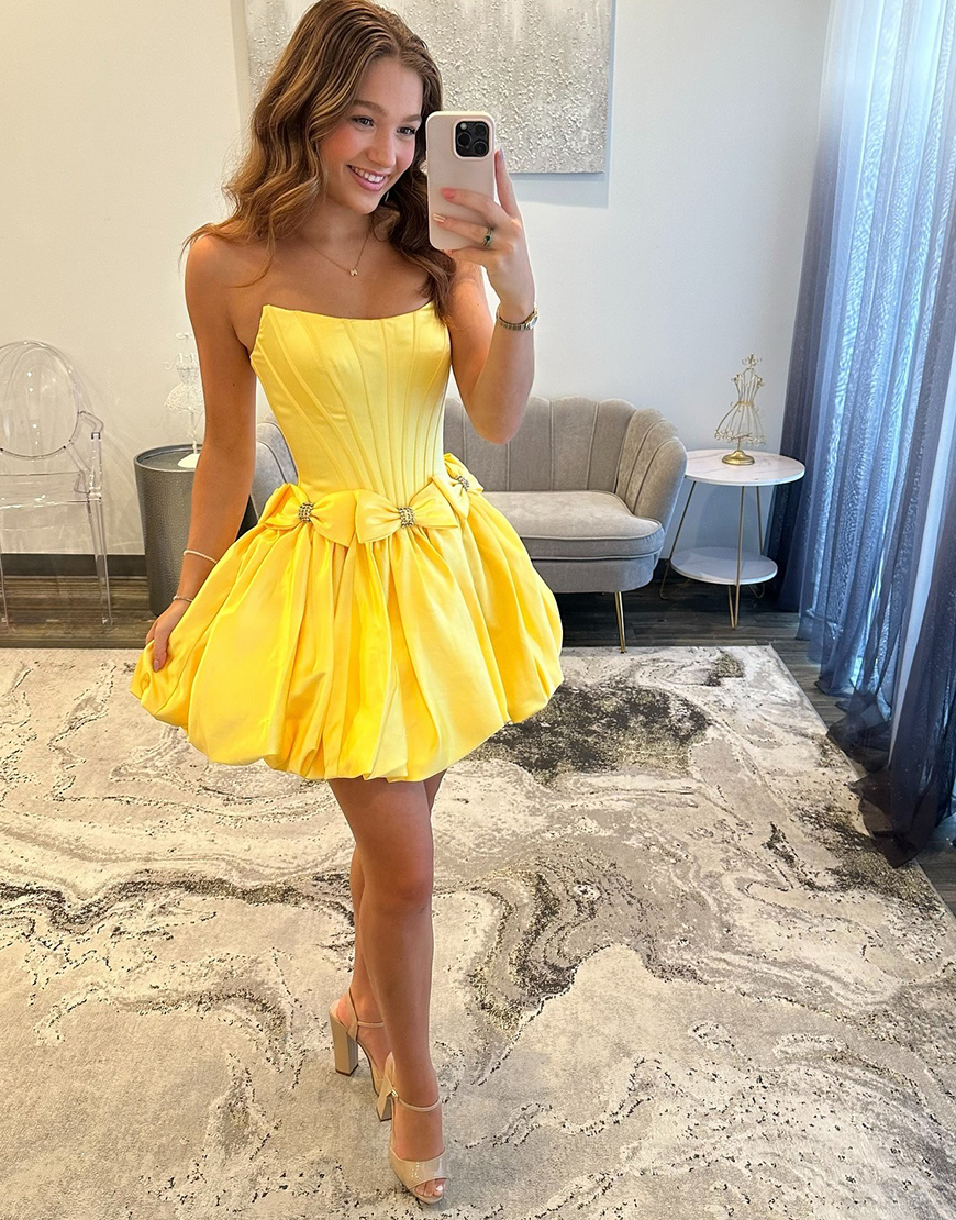 Red Satin Strapless Satin A-Line Short Corset Homecoming Dress with Bow