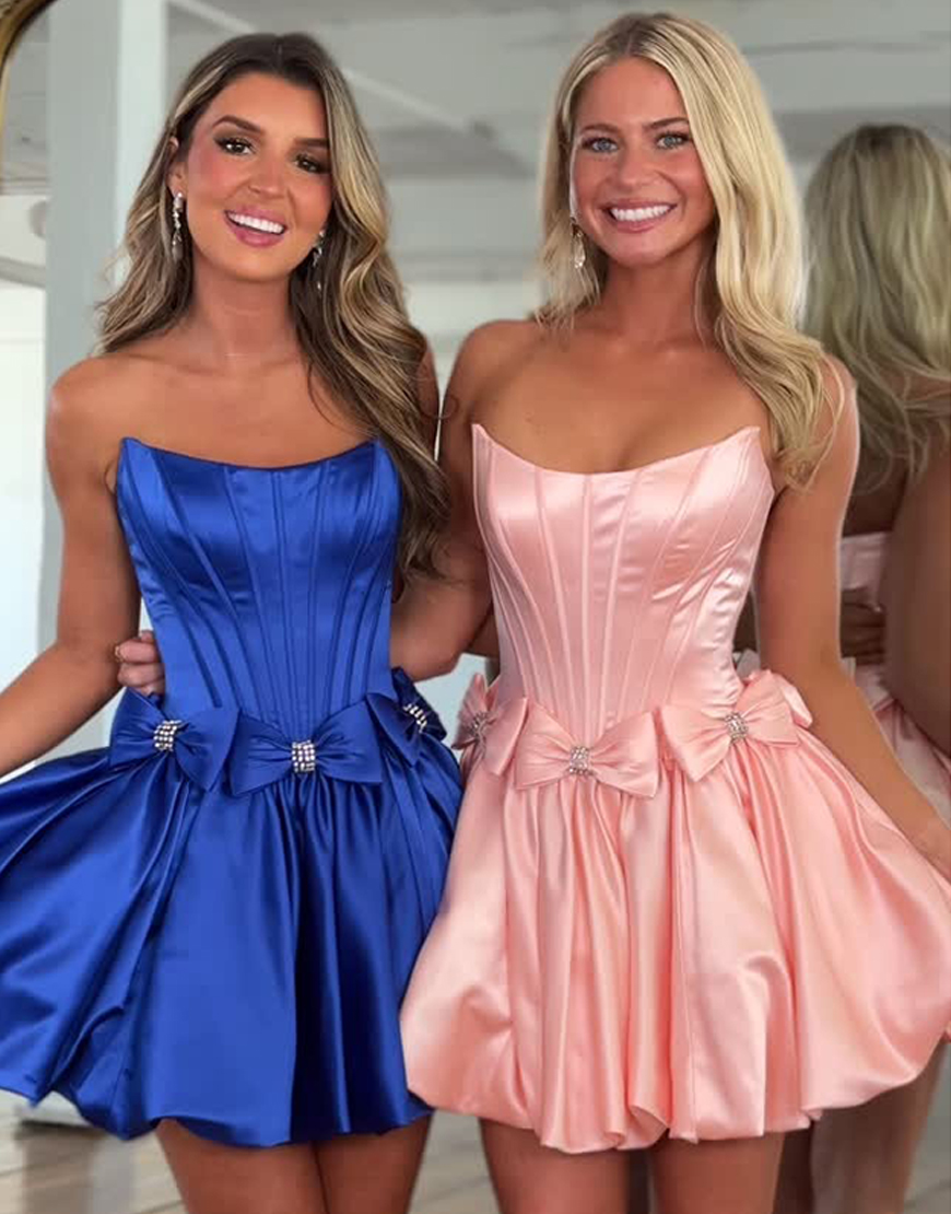 Red Satin Strapless Satin A-Line Short Corset Homecoming Dress with Bow