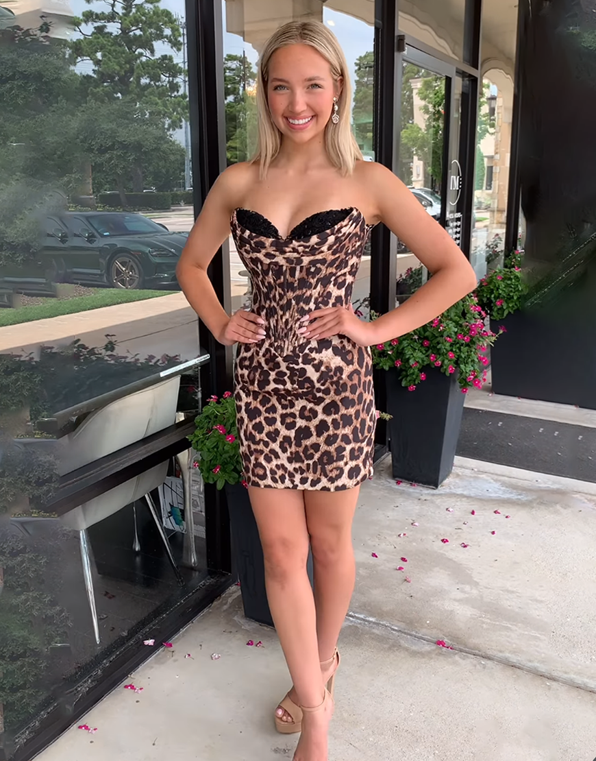 Brown Leopard Sweetheart Bodycon Short Corset Homecoming Dress