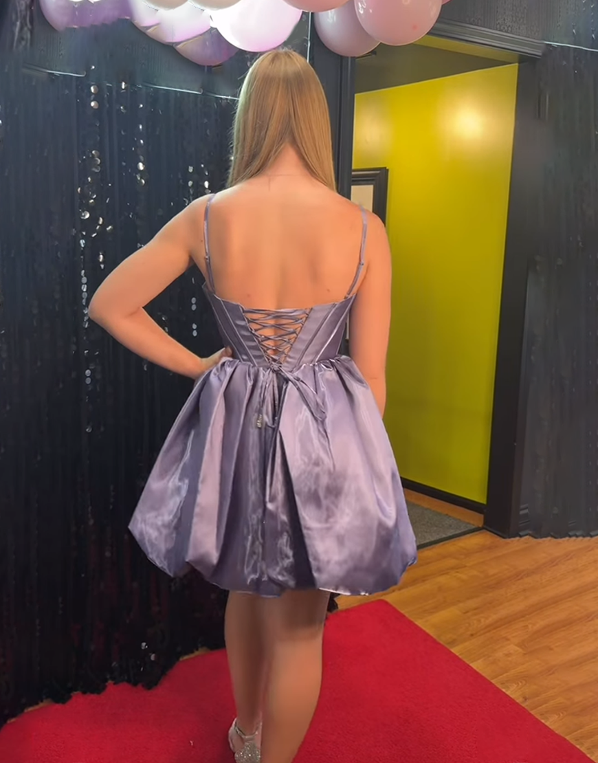 Purple Satin Spaghetti Straps A Line Short Corset Homecoming Dress