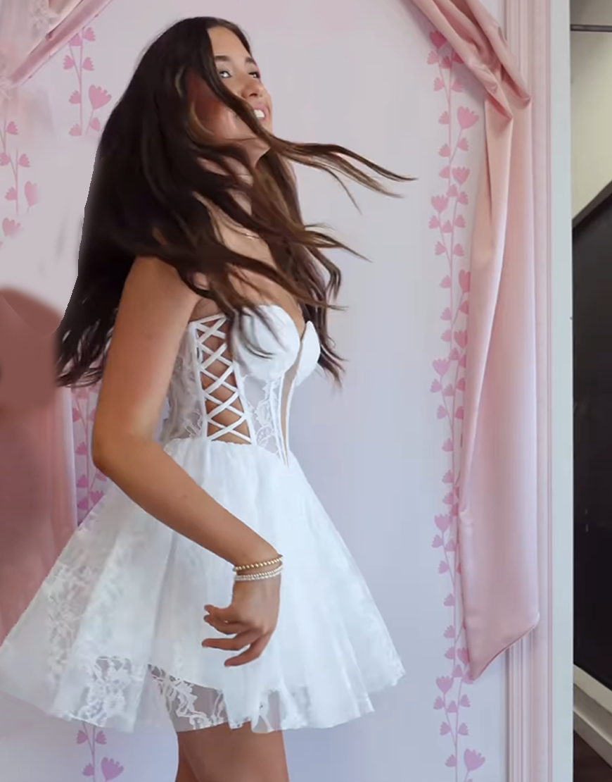 White Sweetheart A Line Lace Short Corset Homecoming Dress