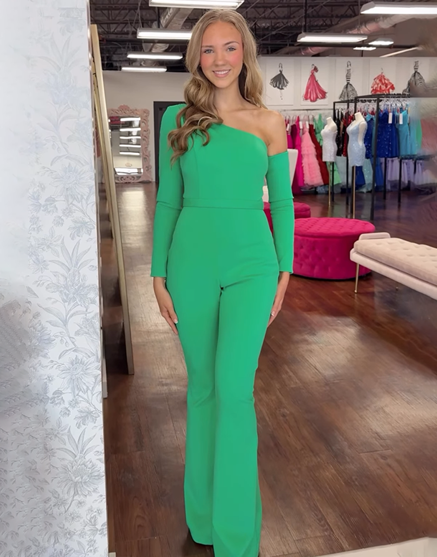 Berlinnova Women Green Satin Homecoming Jumpsuits with Long Sleeves Tight One Shoulder Long Hoco Rompers