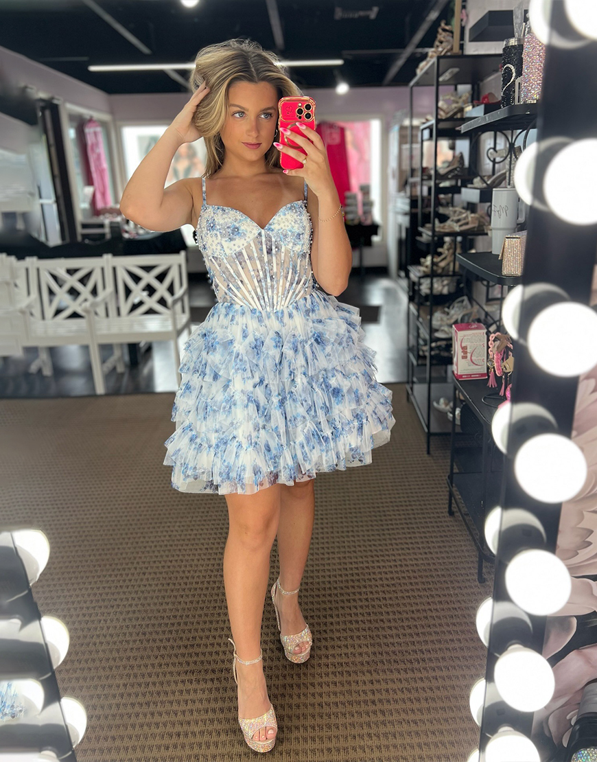 Light Blue A Line Floral Tiered Short Corset Homecoming Dress with Pearls