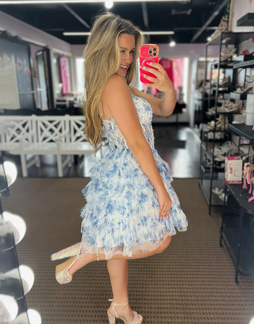Light Blue A Line Floral Tiered Short Corset Homecoming Dress with Pearls