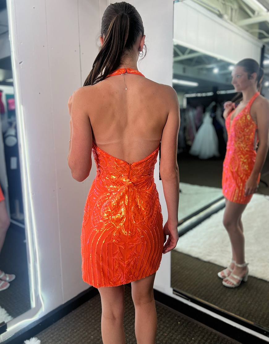 Sparkly Orange Sequin Halter Neck Backless Short Homecoming Dress