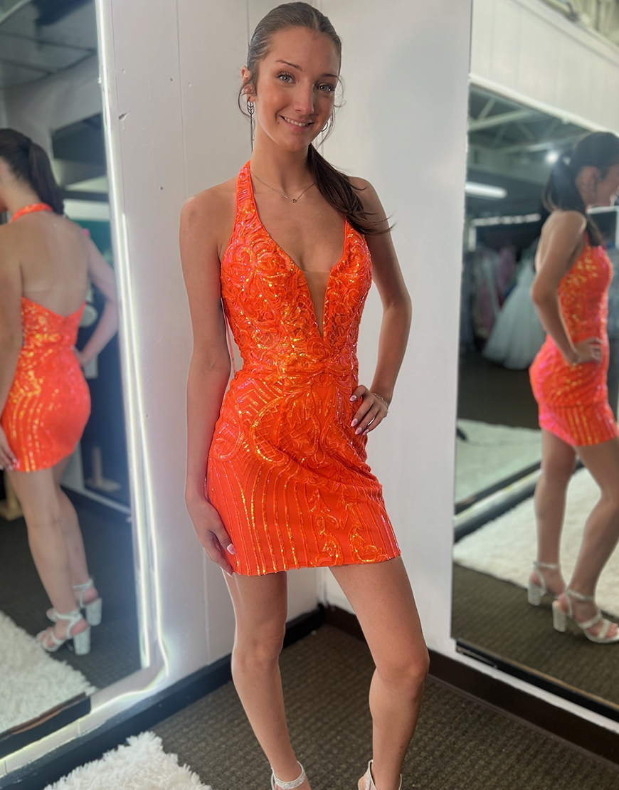 Sparkly Orange Sequin Halter Neck Backless Short Homecoming Dress