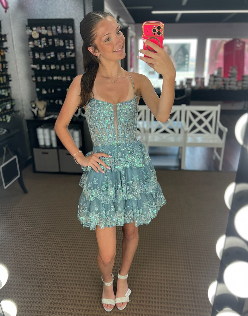 Grey Blue A Line Ruffled Short Corset Homecoming Dress with Appliques