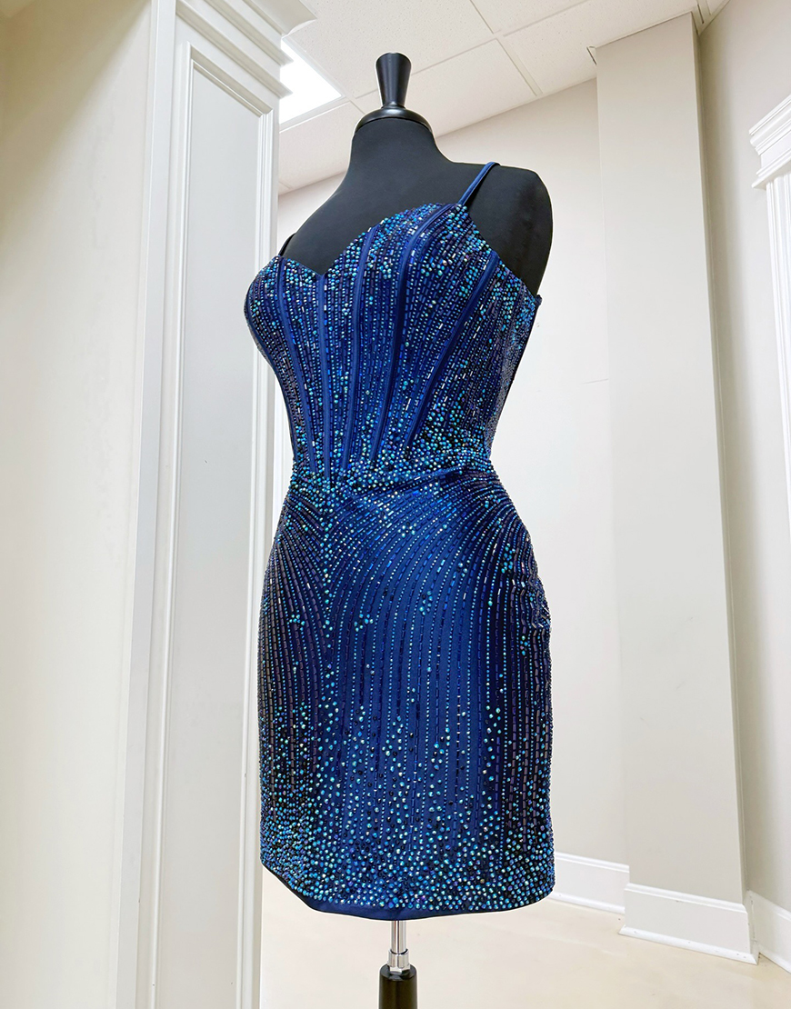 Sparkly Navy Tight Short Corset Homecoming Dress with Beading