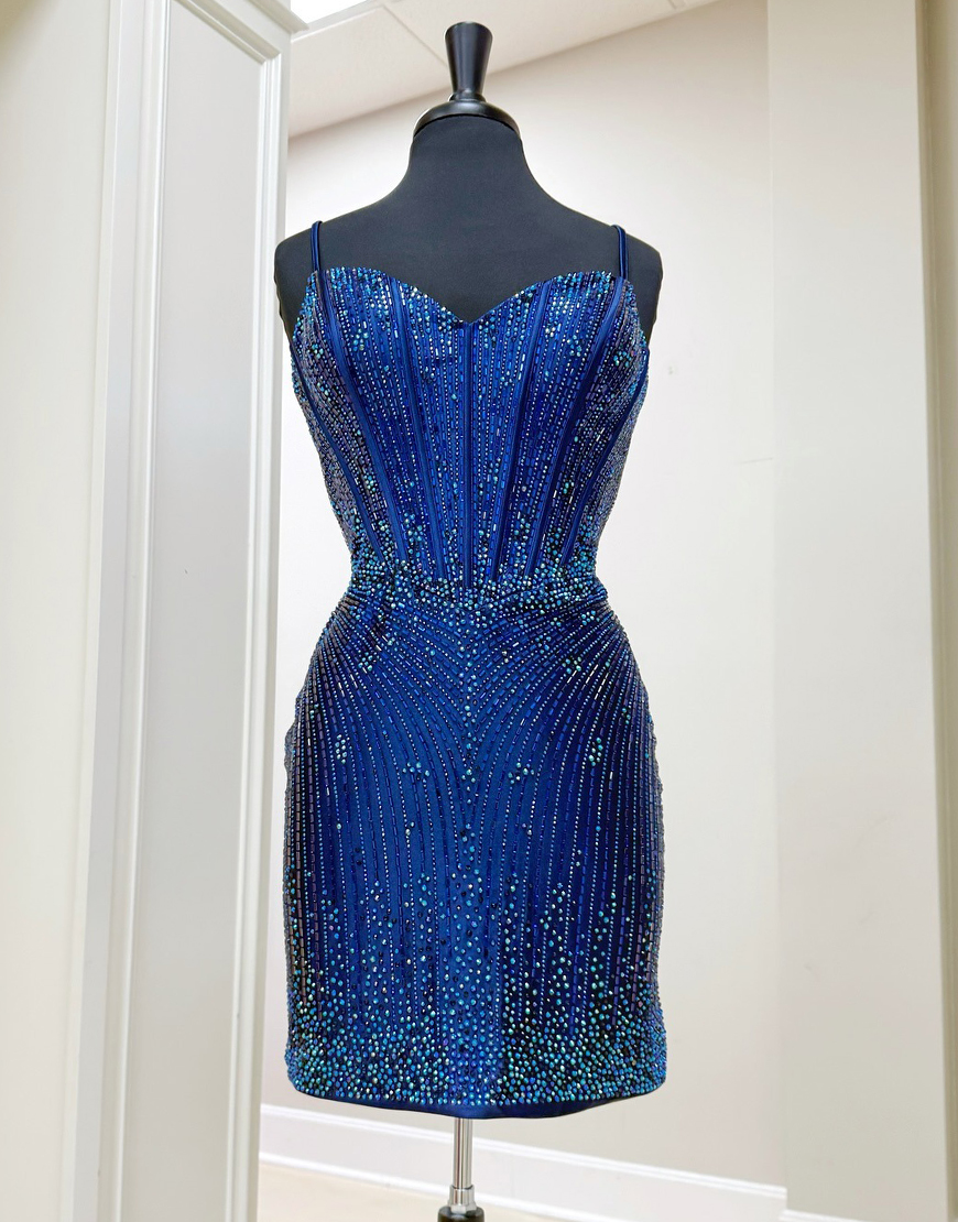 Sparkly Navy Tight Short Corset Homecoming Dress with Beading