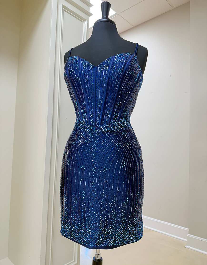 Sparkly Navy Tight Short Corset Homecoming Dress with Beading
