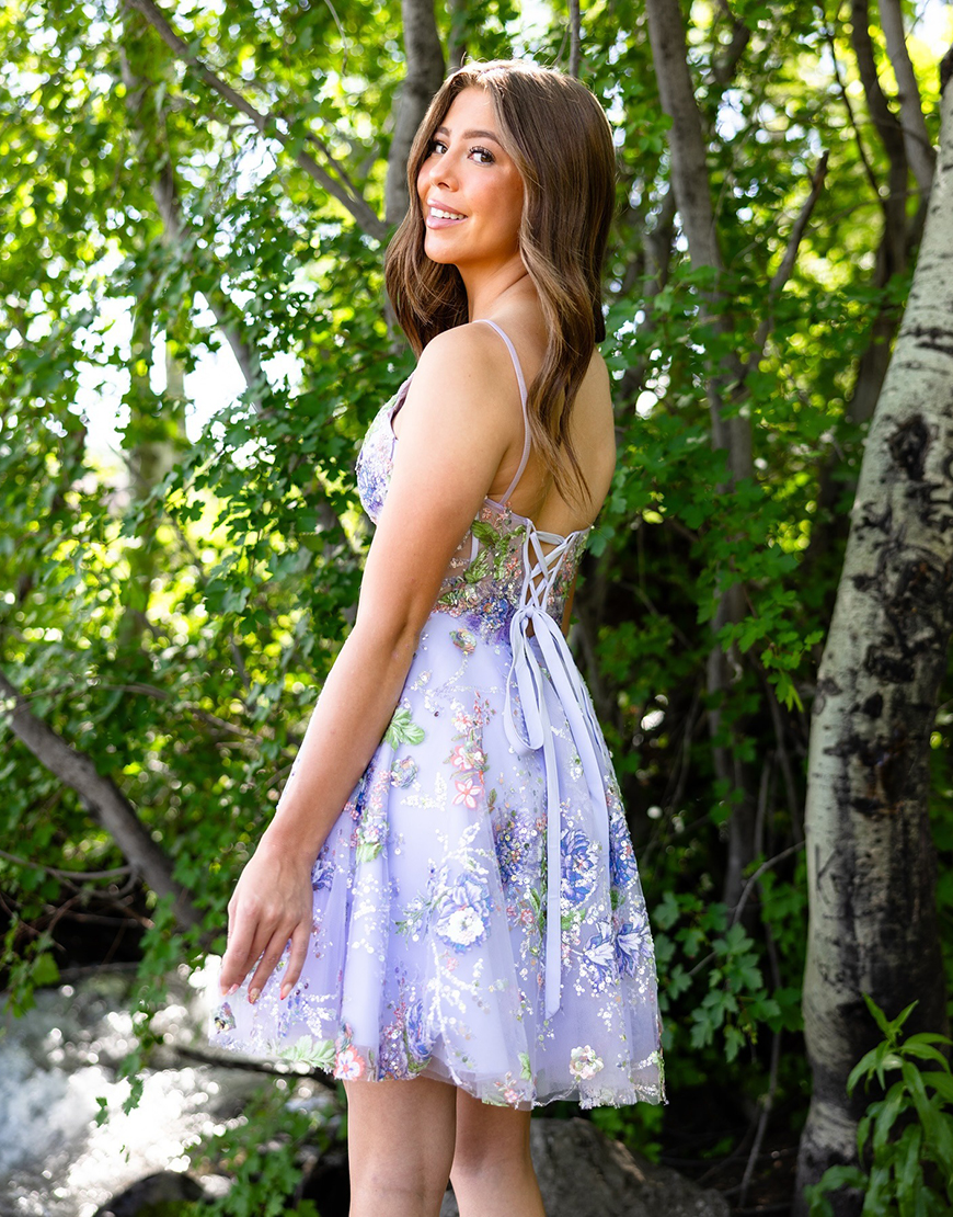 Lilac Floral Spaghetti Straps A Line Short Corset Homecoming Dress with Appliques