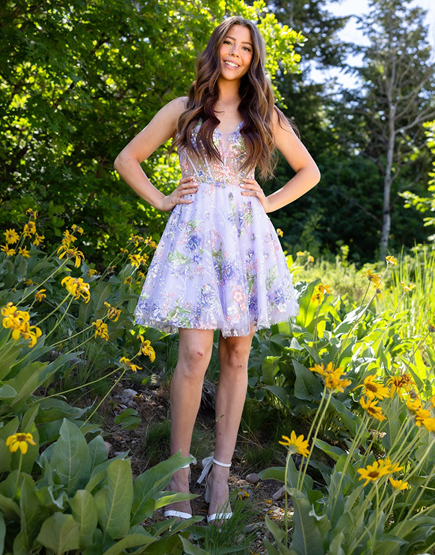 Lilac Floral Spaghetti Straps A Line Short Corset Homecoming Dress with Appliques