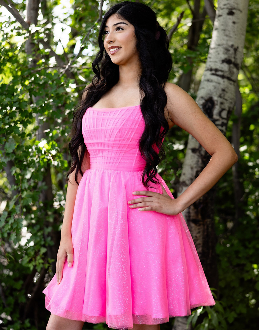 Fuchsia A Line Tulle Strapless Short Corset Homecoming Dress