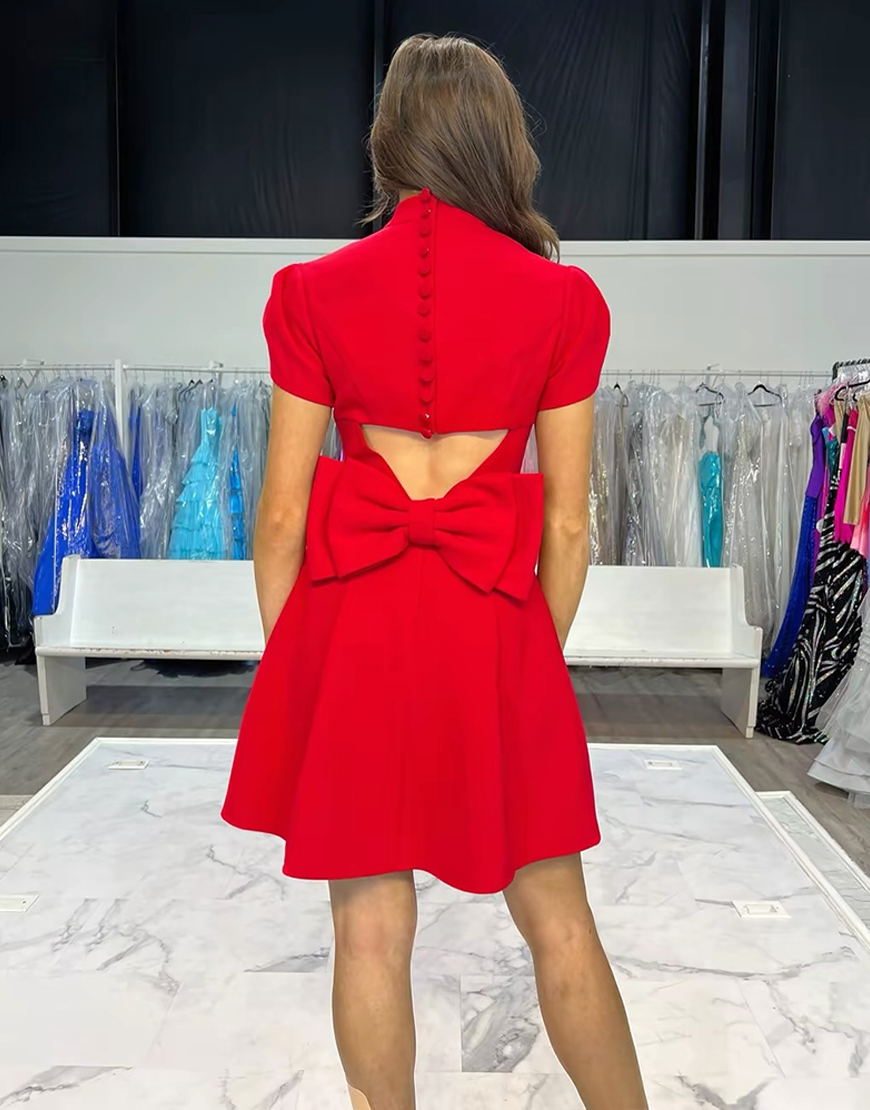 Red High Neck Satin A Line Short Homecoming Dress with Bow