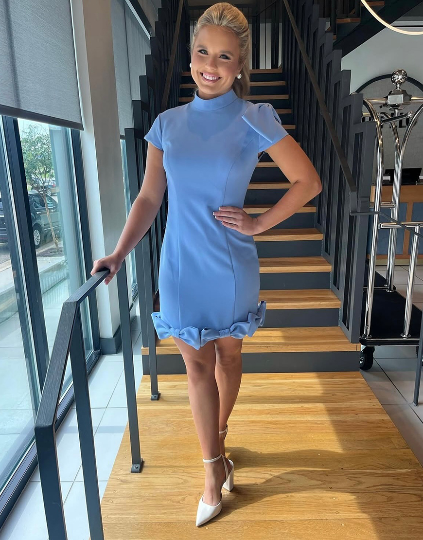 Light Blue Satin High Neck Short Homecoming Dress with Bows