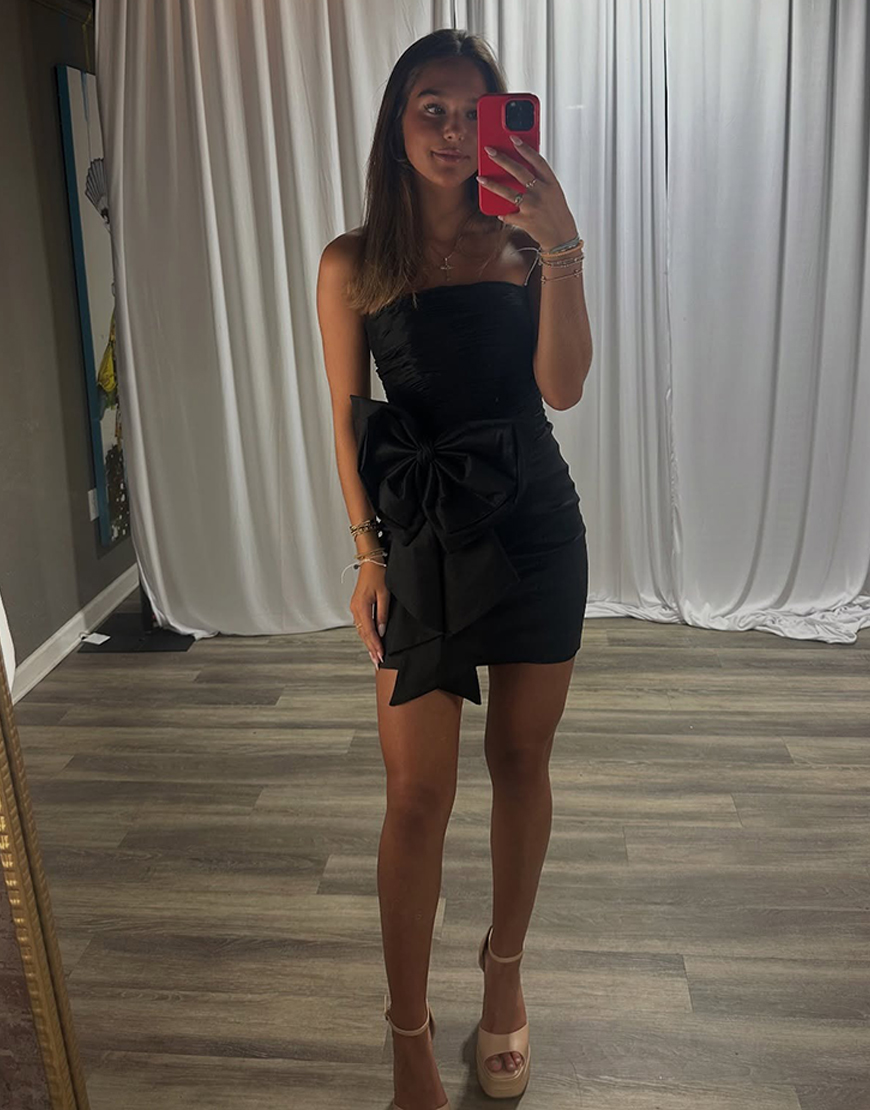Black Satin Strapless Tight Short Homecoming Dress with Bow