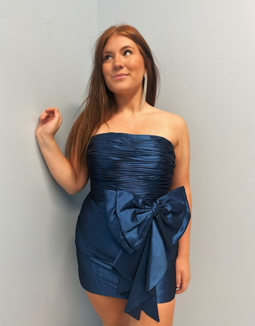 Black Satin Strapless Tight Short Homecoming Dress with Bow