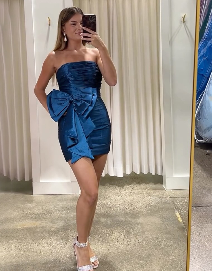 Black Satin Strapless Tight Short Homecoming Dress with Bow