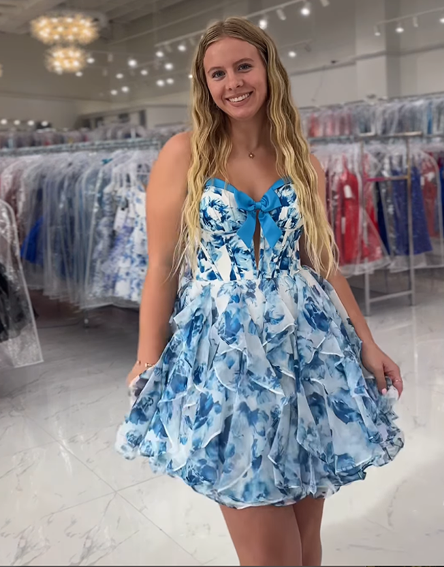 Pink Floral Sweetheart A Line Short Corset Homecoming Dress with Bow