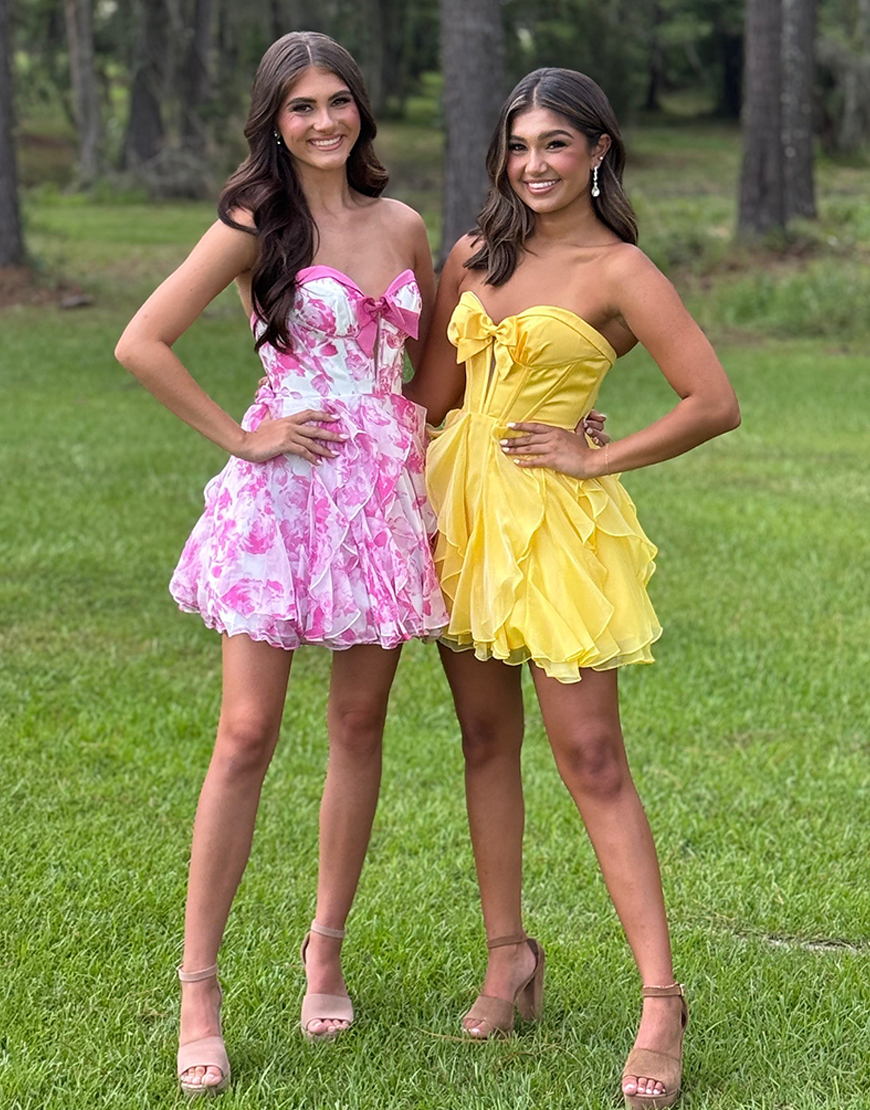 Pink Floral Sweetheart A Line Short Corset Homecoming Dress with Bow