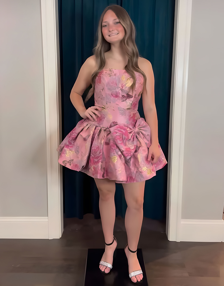 Grey Blue Floral Strapless A-Line Short Homecoming Dress with Bow