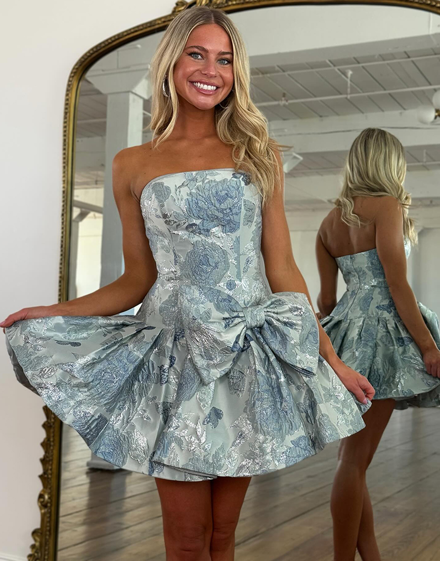 Grey Blue Floral Strapless A-Line Short Homecoming Dress with Bow
