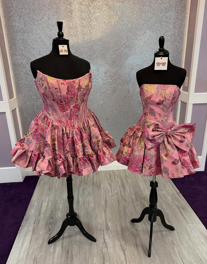 Blush Floral A Line Short Corset Homecoming Dress with Bow